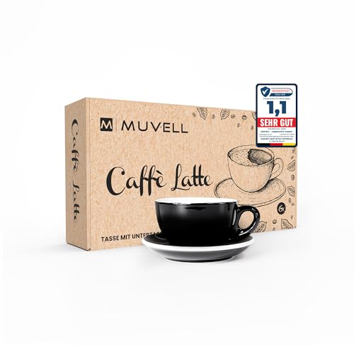 MUVELL 6x Milchkaffeetassen | schwarz | Italian Style | dickwandig & schwer | spülmaschinenfest | Caffé Latte Set mit Untertassen - Geschenkset von MUVELL