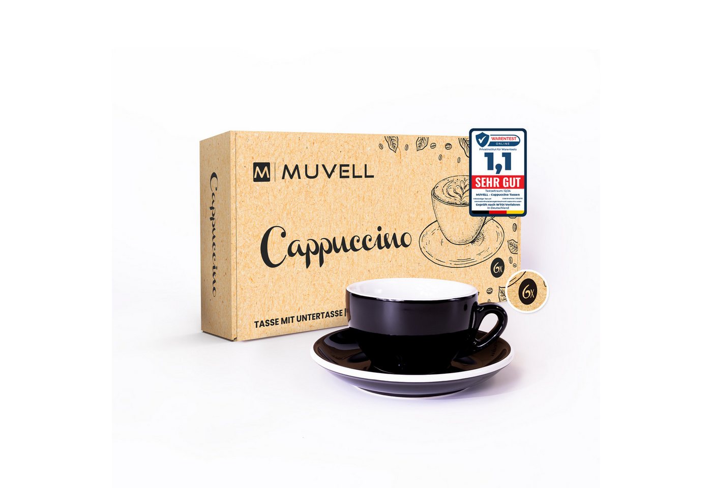 MUVELL Cappuccinotasse Cappuccino Set 6 Tassen & Untertassen 0,8 cm dickwandig, Keramik, 200 ml schwarz mit weißen Rand und Innenfläche MUVELL Cappuccinotasse Cappuccino Set 6 Tassen & Untertassen 0,8 cm dickwandig, Keramik, 200 ml schwarz mit weißen Rand und Innenfläche von MUVELL