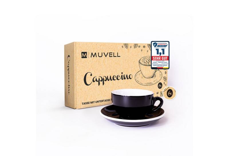 MUVELL Cappuccinotasse Cappuccino Set 6 Tassen & Untertassen 0,8 cm dickwandig, Keramik, 200 ml schwarz mit weißen Rand und Innenfläche von MUVELL