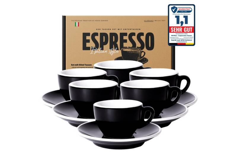 MUVELL Espressotasse Espressotassen Set 6 Tassen & Untertassen 0,8 cm dickwandig, Keramik, 60 ml schwarz mit weißen Rand und Innenfläche von MUVELL
