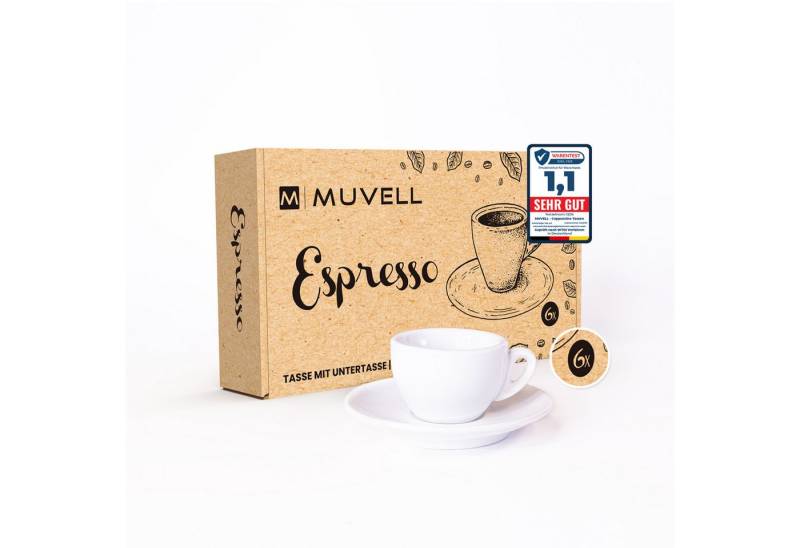 MUVELL Espressotasse Espressotassen Set 6 Tassen & Untertassen 0,8 cm dickwandig, Keramik, 60 ml weiß von MUVELL