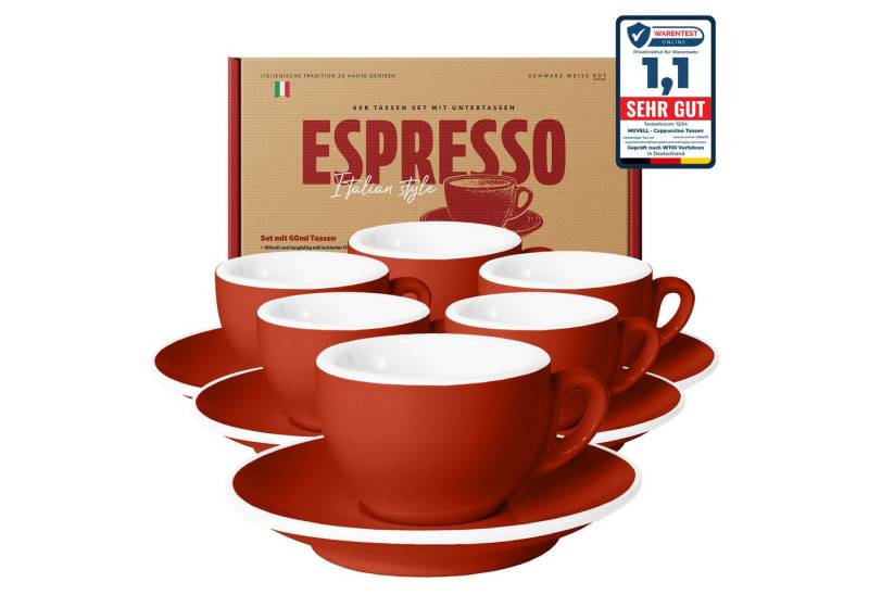 MUVELL Espressotasse Espressotassen Set 6 Tassen & Untertassen 0,8 cm dickwandig, Keramik, 60 ml rot von MUVELL