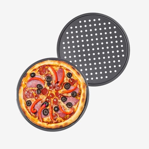 MUVELL Pizzableche 2 Stück - Ø 28 cm rund | gelochtes Pizzabackblech | Backblech für Pizza, Flammkuchen, Lahmacun und Pommes | langlebig, leicht, stapelbar MUVELL Pizzableche 2 Stück - Ø 28 cm rund | gelochtes Pizzabackblech | Backblech für Pizza, Flammkuchen, Lahmacun und Pommes | langlebig, leicht, stapelbar von MUVELL