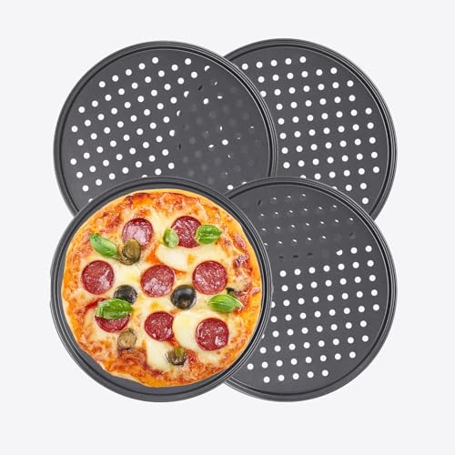 MUVELL Pizzableche 4 Stück - Ø 32 cm rund | gelochtes Pizzabackblech | Backblech für Pizza, Flammkuchen, Lahmacun und Pommes | langlebig, leicht, stapelbar MUVELL Pizzableche 4 Stück - Ø 32 cm rund | gelochtes Pizzabackblech | Backblech für Pizza, Flammkuchen, Lahmacun und Pommes | langlebig, leicht, stapelbar von MUVELL