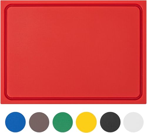 Muvell stabiles Schneidebrett Kunststoff | Rot, 45x30x2 cm | Spülmaschinenfest, EXTRA dick, messerschonend | Farben & Größen auswählbar | HACCP rohes Fleisch Küchenbrett | Schneidbrett mit Saftrille von MUVELL