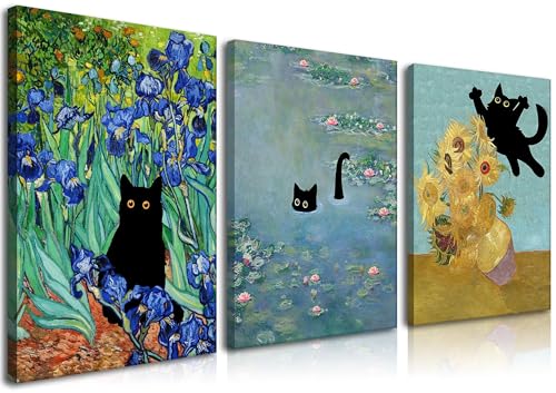 Monet Wandkunst-Set mit 3 lustigen Katzen in Seerosen, Leinwandbilder, Van-Gogh-Sonnenblumenkatze ästhetische Bilder für Zimmer, Schlafzimmer, Wohnzimmer, Badezimmer, 40,6 x 61 cm, gerahmt von MUWAK