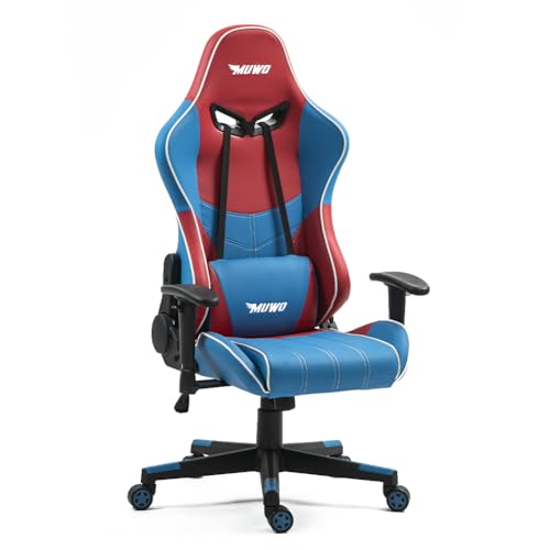 MUWO Hero E-Sports Gamingstuhl – ergonomisch mit Verstellbarer Rückenlehne (90° bis 170°), höhenverstellbarer Sitzfläche, abnehmbaren Kopf- und Rückenkissen und 360° Drehfunktion (Blau/Rot) von MUWO