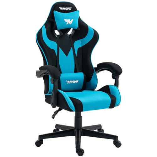 MUWO MystiX E-Sports Gamingstuhl, mit Verstellbarer Sitzhöhe und Rückenlehne, mit abnehmbarem Kopfkissen mit Stoffbezug, 5 Rollen und 360° drehbarer Computerstuhl (MystiX Blau) von MUWO