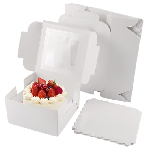 MUXHEL 25 Stück 16 x 16 x 9cm Weiße Tortenschachtel mit Tortenbrett, Cupcake Transportbox Karton mit PVC Sichtfenster, Weiß Tortenkarton Kuchenbehälter Tortenschachtel torten transportbox cake box von MUXHEL