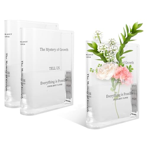 MUXHEL 3 Stück Buch Vasen, 25 x 6.5 x 6.5CM transparent Tulpenvase, Acryl Book Vase, Klare Buchblumenvase für Blumen, Buchförmige Vase aus Acryl, Bücherregal Dekoration für Blumenarrangements von MUXHEL