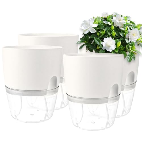 MUXHEL 4er-Set Kunststoff Blumentopf mit Bewässerungssystem, 15.3CM Kräutertopf mit Selbstbewässerung, blumentöpfe selbstwässernder, übertopf selbstwässernder, Pflanztopf mit Wasserspeicher von MUXHEL