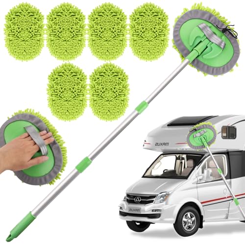 MUXHEL Autowaschbürste, 2-in-1 Auto-Reinigungsbürste, Mikrofaser-Wischmopp, Auto-Reinigungsset mit ausziehbarem Griff 60-118 cm & 6 x kratzfreie Moppköpfe für die Reinigung von Wohnmobil, LKW, Van, von MUXHEL
