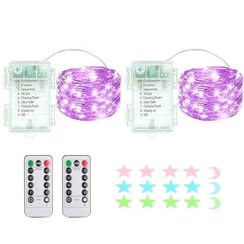 2 Stück LED Lichterkette, 200LED 20M / 67Ft 8 Modi, Batteriebetrieb lichterkette außen/innen Wasserdichte mit Fernbedienung für Schlafzimmer, Hof, Hochzeit, Weihnachten, DIY etc (lila) von MUXIJIA