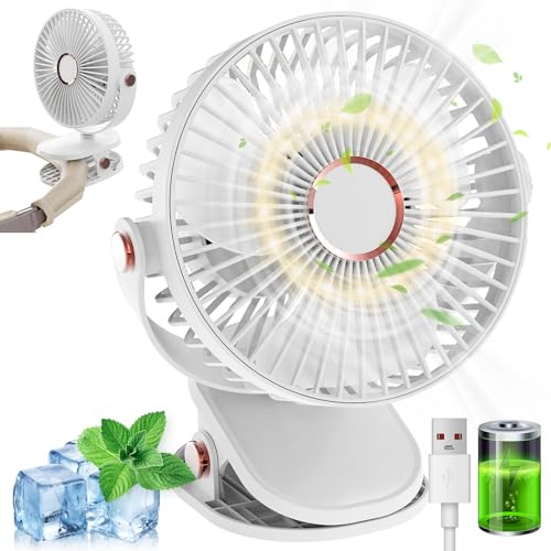 MUXIWOM Clip Ventilator Tischventilator USB Ventilator Klein, 5000mAh Akku Mini Ventilator, Kleiner Ventilator Leise, 5 Geschwindigkeiten 720°Drehung, USB-Ventilatoren für Zuhause Büro Camping(Weiß) von MUXIWOM
