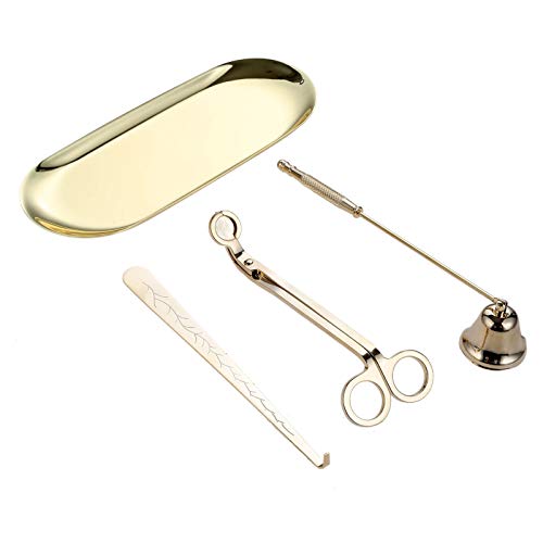 MUXSAM 4pcs Kerzenzubehör-Sets Kerzenabdeckung Rundkopf-Kerzenschere und Kerzenhaken aus Edellstahl Einfaches Nordisches Duftkerzentablett,Gold von MUXSAM