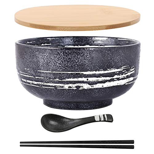 MUXUE Japanische Ramen Vintage Schüssel mit Löffel Deckel Ramen Schüssel Keramik Reis Schüssel handgezeichnet Instant Nudeln 6,5 Zoll von MUXUE