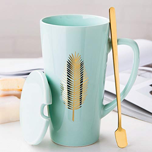 MUXUE Keramik Kaffeetasse, Elegante Teetassen mit Deckel und Löffel, Großer Keramik-milchbecher mit Henkel, Kreative Home & Office Geschenke für Freunden und Familien, 500ml (Grün-01) von MUXUE