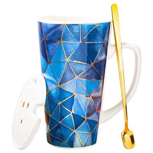 MUXUE Große Teetassen 500ml, Elegante Kaffeetasse mit Deckel und Löffel, Keramik Kaffee Tee Tasse für Freunden und Familien Als Überraschungsgeschenk（Blau） von MUXUE