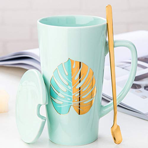 MUXUE Große Teetassen 500ml, Elegante Kaffeetasse mit Deckel und Löffel, Keramik Kaffee Tee Tasse für Freunden und Familien Als Überraschungsgeschenk (Grün) von MUXUE