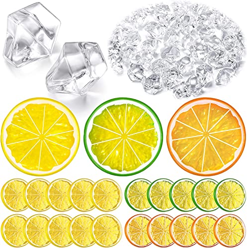 MUYAPAY 20 Stück Künstliche Zitronenscheiben, 200 Stück Klare Gefälschte Crush-Eiswürfel, Künstliche Früchte und Acryl-Diamant-Klares EIS für Party-Festival-Dekoration, Fotografie-Requisiten von MUYAPAY