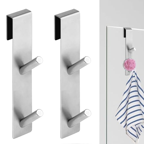 MUYAPAY Duschhaken ohne Bohren 17.8cm mit Doppelhaken, 2er Set Edelstahl Handtuchhalter für Duschwand， Halterung für Duschabzieher & Handtücher Gummipads für Glasstärken 6-12mm (Silberner Doppelhaken) von MUYAPAY