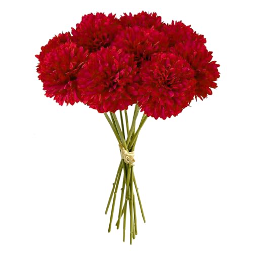 MUYAPAY 12 Stück Künstliche Hortensienblüten Künstliche Blumen Chrysantheme Kunstblumen Künstliche Kugel-Chrysanthemen Seide Pompon Chrysantheme, für Hausgarten Party,Hochzeits Deco (Rot) von MUYAPAY