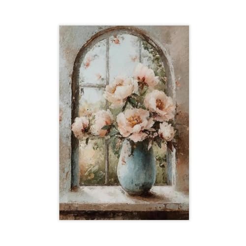 MUYGGAFF Kunstdruck auf Leinwand, Motiv: rosa Pfingstrose, blaue Vase, Wandkunst, Dekordruck, Bild Gemälde für Wohnzimmer, Schlafzimmer, Dekoration, 40 x 60 cm von MUYGGAFF
