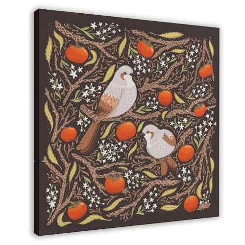MUYGGAFF Leinwandposter, Retro- und skurrile Pflanzen und Vögel auf einem Kakibaum, Schlafzimmerdekoration, Landschaft, Büro, Raumdekoration, Geschenk, 50 x 50 cm von MUYGGAFF