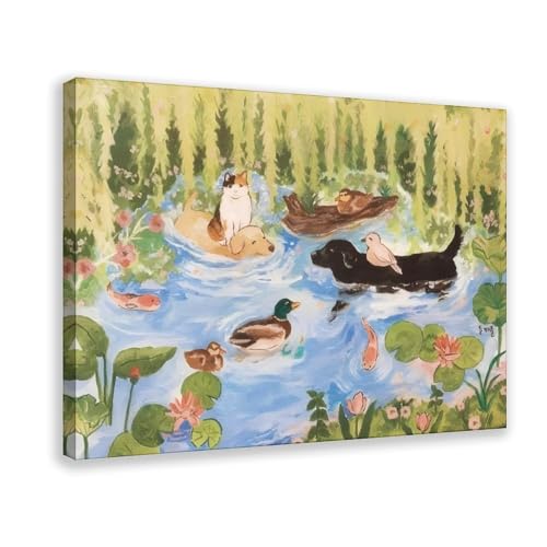 MUYGGAFF Leinwandposter im Retro-Stil, abstrakter Teich, schwimmende Katzen, Hunde und Vögel, Schlafzimmer, Dekoration, Landschaft, Büro, Raumdekoration, Geschenk, 20 x 30 cm von MUYGGAFF