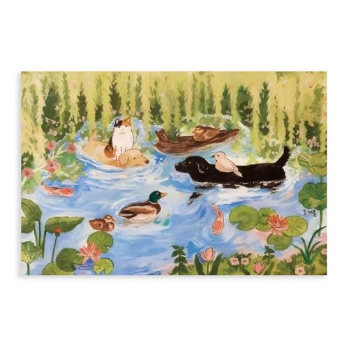 MUYGGAFF Leinwandposter im Retro-Stil, abstrakter Teich, schwimmende Katzen, Hunde und Vögel, Schlafzimmerdekoration, Landschaft, Büro, Raumdekoration, Geschenk, 50 x 75 cm von MUYGGAFF