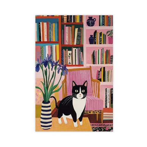 MUYGGAFF Leinwandposter mit schwarz-weißem Tabby-Katze auf dem Tisch, Schlafzimmerdekoration, Landschaft, Büro, Raumdekoration, Geschenk, 20 x 30 cm von MUYGGAFF