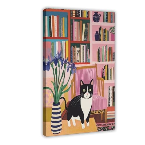 MUYGGAFF Leinwandposter mit schwarz-weißem Tabby-Katze auf dem Tisch, Schlafzimmerdekoration, Landschaft, Büro, Raumdekoration, Geschenk, 40 x 60 cm von MUYGGAFF