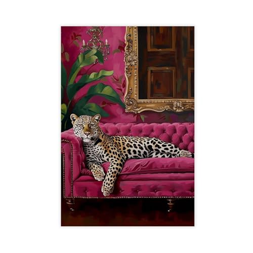 MUYGGAFF Poster mit Leopardenmuster, Retro-Stil, Motiv: rosa Sofa, Leinwand, Wandkunst, Dekor, Bild, Gemälde für Wohnzimmer, Schlafzimmer, Dekoration, 50 x 75 cm von MUYGGAFF