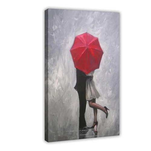 MUYGGAFF Romantisches Paar mit roten Regenschirmen, Ölgemälde, Leinwand-Poster, Wandkunst, Dekordruck, Bild Gemälde für Wohnzimmer, Schlafzimmer, Dekoration, 60 x 90 cm von MUYGGAFF