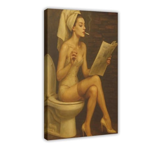 Poster auf Leinwand, Motiv: Frauen rauchen und Zeitungen in einem Badezimmer lesen, Wandkunst, Dekordruck, Gemälde für Wohnzimmer, Schlafzimmer, Dekoration, 40 x 60 cm von MUYGGAFF