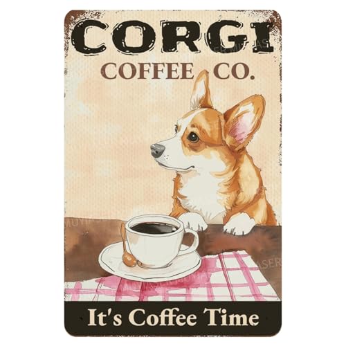 MUYIASER Metallschilder Corgi Coffee Co Vintage-Schilder, Retro-Blechschild aus Aluminium für WC, Waschraum, Garten, Zuhause, Bar, Café, Dekoration, 20,3 x 30,5 cm MUYIASER Metallschilder Corgi Coffee Co Vintage-Schilder, Retro-Blechschild aus Aluminium für WC, Waschraum, Garten, Zuhause, Bar, Café, Dekoration, 20,3 x 30,5 cm von MUYIASER