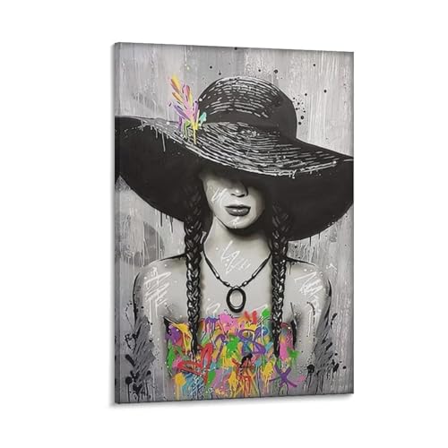 Einzelnes Hängendes Bild Abstrakte Home Office Rahmenlose Kunst-Wandgemälde Woman in Hat Black And White Canvas Painting, Canvas Print, Ready to Hang Wall Print Hand-Painted Wall Decor Frame-Woman in von MUYIHANG