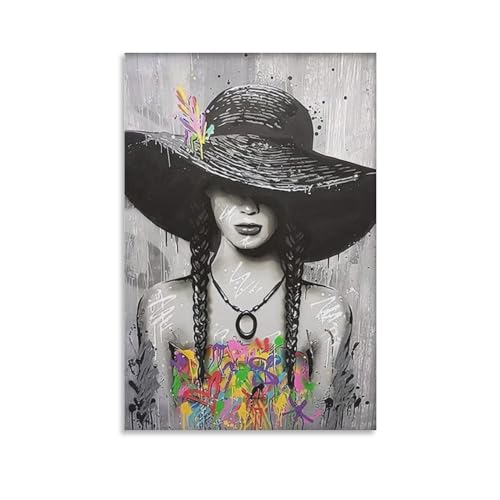 Einzelnes Hängendes Bild Abstrakte Home Office Rahmenlose Kunst-Wandgemälde Woman in Hat Black And White Canvas Painting, Canvas Print, Ready to Hang Wall Print Hand-Painted Wall Decor Unframe-Woman I von MUYIHANG