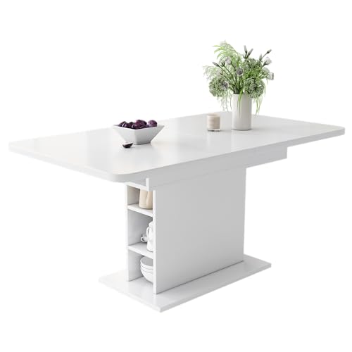 Ausziehbarer Esstisch mit Stauraum, Rechteckiger Esstisch 110/130x70x75 cm, Moderner Küchentisch aus Spanplatte & Metall, Platzsparender Multifunktionstisch für Wohnzimmer, Esszimmer, Küche (Weiß) von MUZHIXIANG