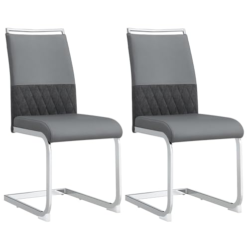 Esszimmerstühle Modern, Ergonomisch Gepolstert, PU Kunstleder und Leinen, Hoher Rücken, Querstreifen Design, Küchenstuhl Side Chair mit Metallgestell, Bequem und Pflegeleicht (2, Grau, 42*48*95cm) von MUZHIXIANG