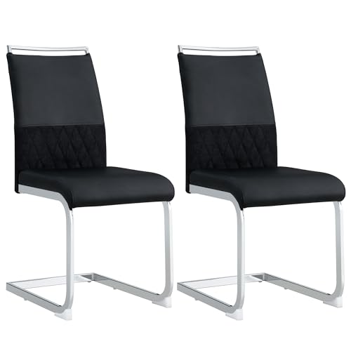 Esszimmerstühle Modern, Ergonomisch Gepolstert, PU Kunstleder und Leinen, Hoher Rücken, Querstreifen Design, Küchenstuhl Side Chair mit Metallgestell, Bequem und Pflegeleicht (2, Schwarz, 42*48*95cm) von MUZHIXIANG