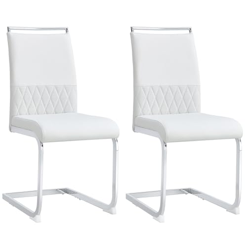 Esszimmerstühle Modern, Ergonomisch Gepolstert, PU Kunstleder und Leinen, Hoher Rücken, Querstreifen Design, Küchenstuhl Side Chair mit Metallgestell, Bequem und Pflegeleicht (2, Weiß, 42*48*95cm) von MUZHIXIANG