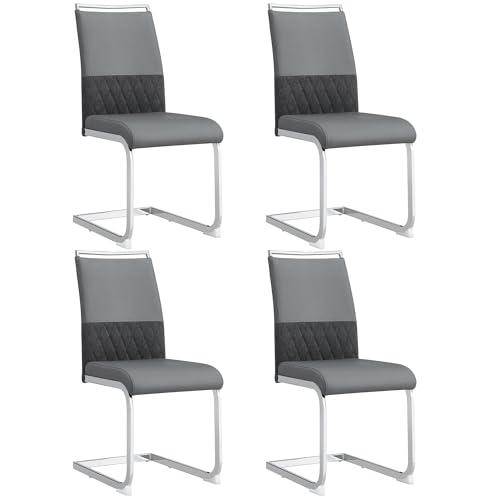 Esszimmerstühle Modern, Ergonomisch Gepolstert, PU Kunstleder und Leinen, Hoher Rücken, Querstreifen Design, Küchenstuhl Side Chair mit Metallgestell, Bequem und Pflegeleicht (4, Grau, 42*48*95cm) von MUZHIXIANG