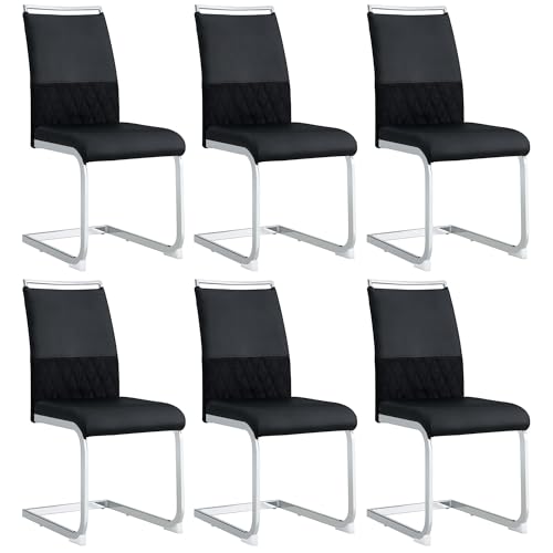 Esszimmerstühle Modern, Ergonomisch Gepolstert, PU Kunstleder und Leinen, Hoher Rücken, Querstreifen Design, Küchenstuhl Side Chair mit Metallgestell, Bequem und Pflegeleicht (6, Schwarz, 42*48*95cm) von MUZHIXIANG