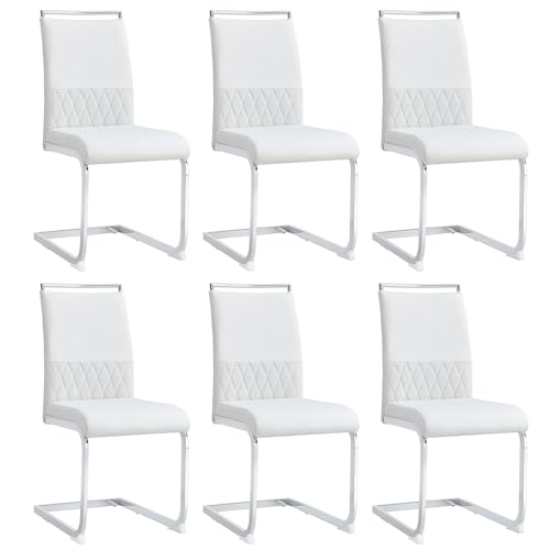 Esszimmerstühle Modern, Ergonomisch Gepolstert, PU Kunstleder und Leinen, Hoher Rücken, Querstreifen Design, Küchenstuhl Side Chair mit Metallgestell, Bequem und Pflegeleicht (6, Weiß, 42*48*95cm) von MUZHIXIANG