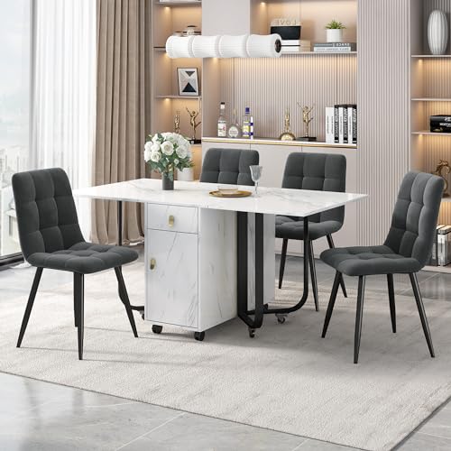 MUZHIXIANG Essgruppe 150×80×76cm Esstisch mit 4 Stühlen, Klappbarer Küchentisch Set, MDF Tischplatte in Weiß, Samt Esszimmerstühle mit Polsterung und Rückenlehne (Schwarz +Grau) von MUZHIXIANG