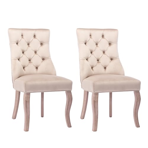 MUZHIXIANG Esszimmerstuhl Samt mit Hoher Rückenlehne, Knopfsteppung und Massivholz Beinen, Moderner Polsterstuhl für Küche und Wohnzimmer (2, Beige) von MUZHIXIANG