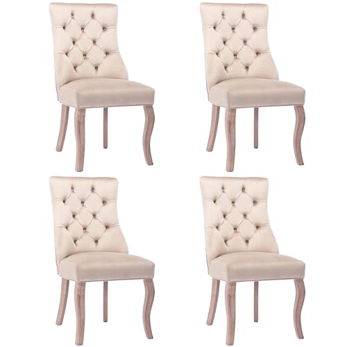 MUZHIXIANG Esszimmerstuhl Samt mit Hoher Rückenlehne, Knopfsteppung und Massivholz Beinen, Moderner Polsterstuhl für Küche und Wohnzimmer (4, Beige) von MUZHIXIANG