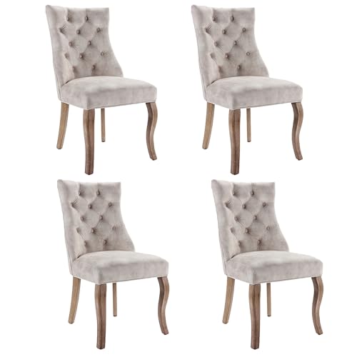 MUZHIXIANG Esszimmerstuhl Samt mit Hoher Rückenlehne, Knopfsteppung und Massivholz Beinen, Moderner Polsterstuhl für Küche und Wohnzimmer (4, Hellbeige) von MUZHIXIANG