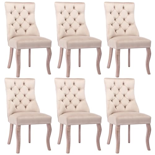 MUZHIXIANG Esszimmerstuhl Samt mit Hoher Rückenlehne, Knopfsteppung und Massivholz Beinen, Moderner Polsterstuhl für Küche und Wohnzimmer (6, Beige) von MUZHIXIANG